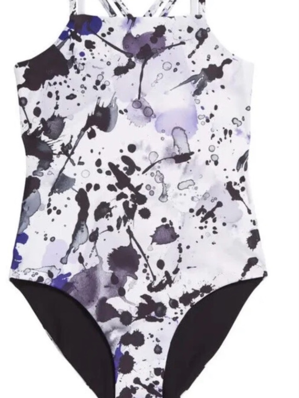 Zella Girl White One-Piece Swimsuit with Black & Purple Splatter